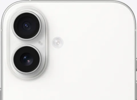 iPhone 16 in White, rear camera detail angle