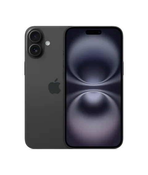 Apple iPhone 16 Plus in Black, front and back finish view