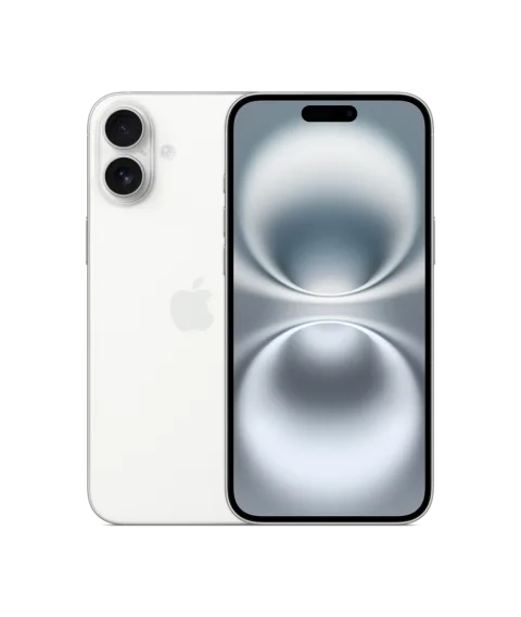 Apple iPhone 16 Plus in White, front and back finish view