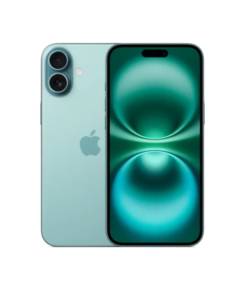 Apple iPhone 16 Plus in Teal, front and back finish view