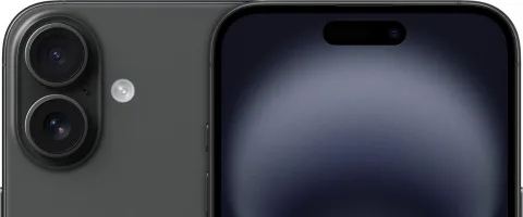 Apple iPhone 16 Plus in Black, camera module and display corner macro