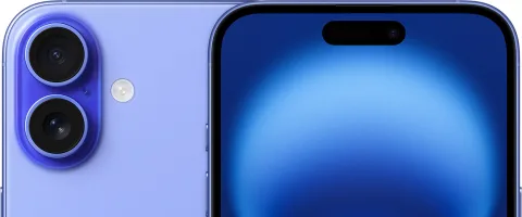Apple iPhone 16 Plus in Ultramarine, camera module and display corner macro