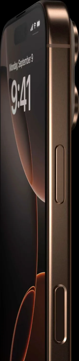 Apple iPhone 16 Pro in Desert Titanium, angled side profile