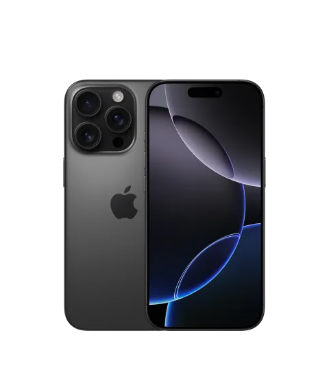 Apple iPhone 16 Pro in Black Titanium, front and back view