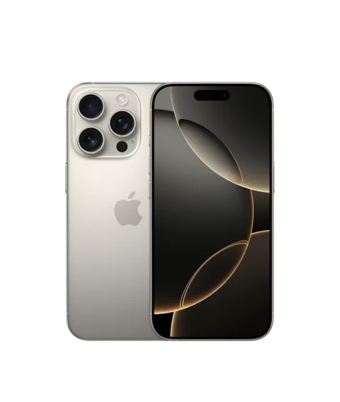 Apple iPhone 16 Pro in Natural Titanium, front and back view