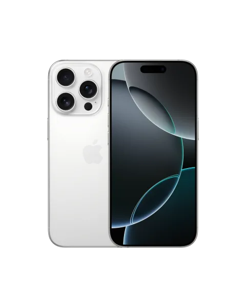 Apple iPhone 16 Pro in White Titanium, front and back view