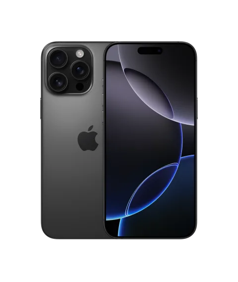 Apple iPhone 16 Pro Max in Black Titanium, front and back view