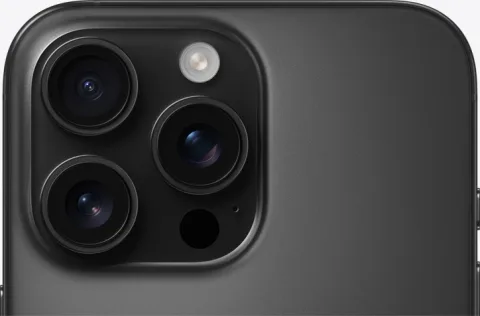 iPhone 16 Pro Max in Black Titanium, triple-camera module detail