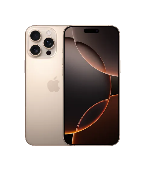Apple iPhone 16 Pro Max in Desert Titanium, front and back view