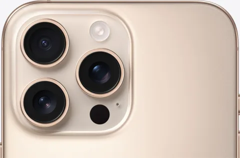iPhone 16 Pro Max in Desert Titanium, triple-camera module detail