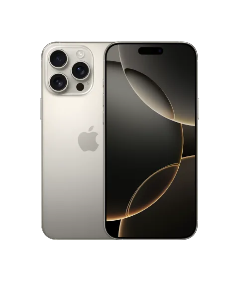 Apple iPhone 16 Pro Max in Natural Titanium, front and back view