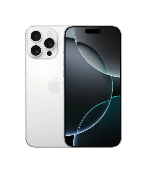 Apple iPhone 16 Pro Max in White Titanium, front and back view