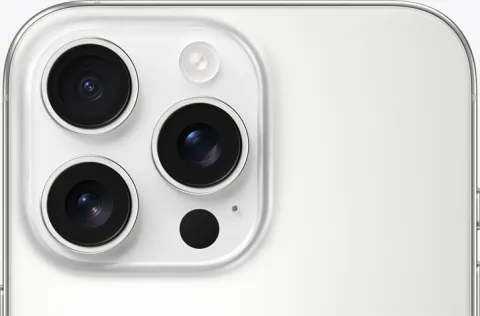 iPhone 16 Pro Max in White Titanium, triple-camera module detail