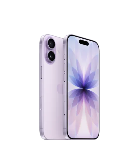 Apple iPhone 17 in Lavender, front and back view