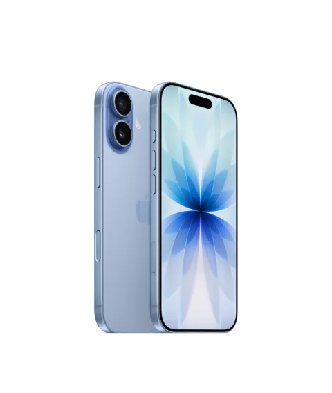 Apple iPhone 17 in Mist Blue, front and back view
