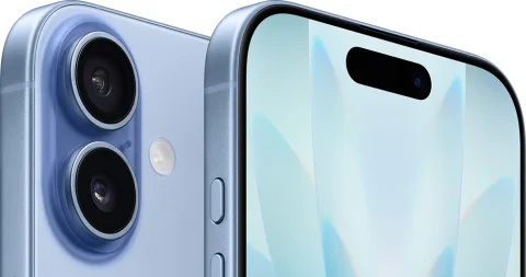Apple iPhone 17 in Mist Blue, angled back and front-edge view
