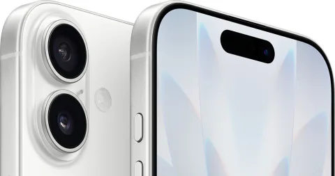 Apple iPhone 17 in White, angled back and front-edge view