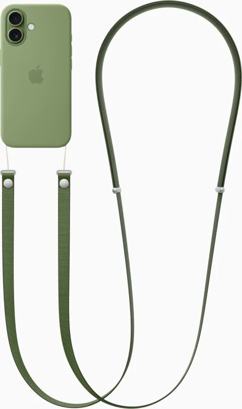 Apple iPhone 17 with the green Crossbody Strap and Silicone Case