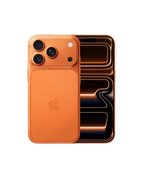 Apple iPhone 17 Pro in Cosmic Orange, front and back view