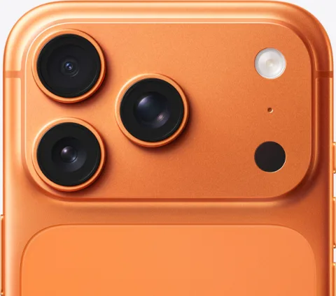 Apple iPhone 17 Pro in Cosmic Orange, camera plateau close-up