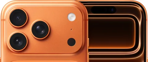 Apple iPhone 17 Pro in Cosmic Orange, angled back and front-edge view