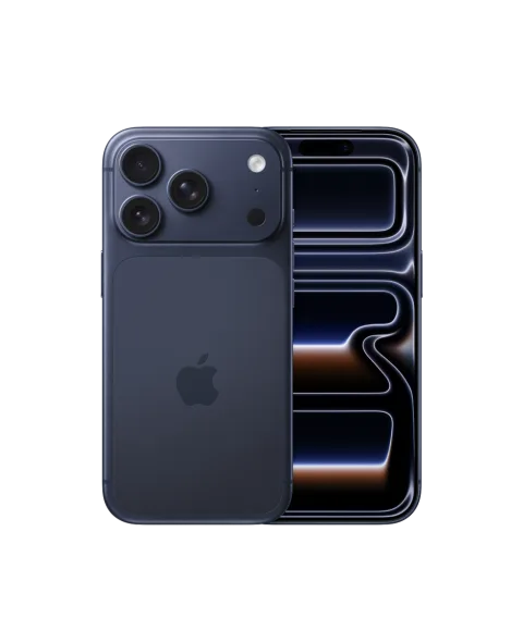 Apple iPhone 17 Pro in Deep Blue, front and back view