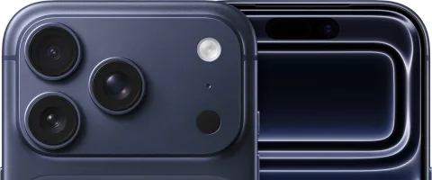 Apple iPhone 17 Pro in Deep Blue, angled back and front-edge view
