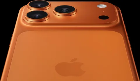 Apple iPhone 17 Pro in Cosmic Orange, dramatic camera plateau close-up