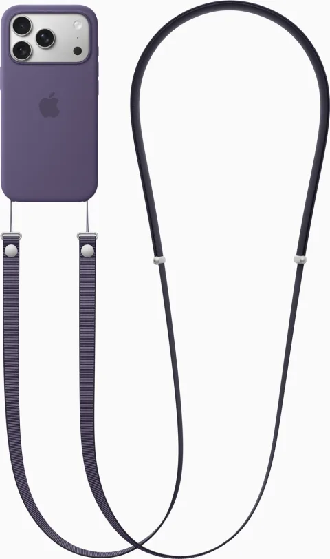 Apple iPhone 17 Pro in a Silicone Case with the purple Crossbody Strap and MagSafe