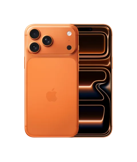 Apple iPhone 17 Pro Max in Cosmic Orange, front and back view