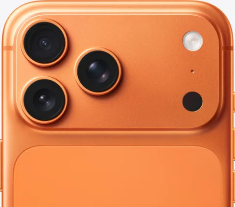 Apple iPhone 17 Pro Max in Cosmic Orange, camera plateau close-up