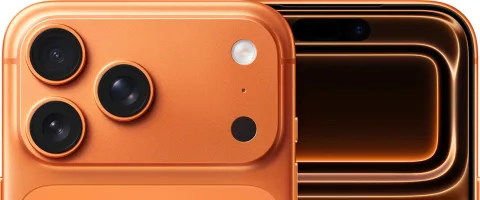 Apple iPhone 17 Pro Max in Cosmic Orange, angled back and front-edge view