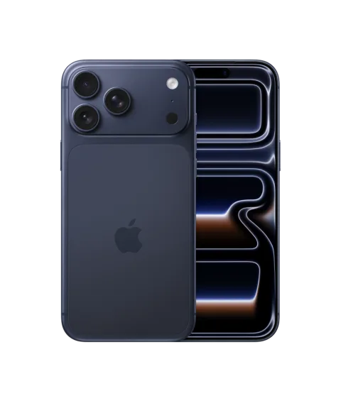 Apple iPhone 17 Pro Max in Deep Blue, front and back view