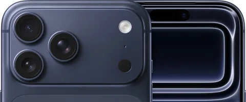 Apple iPhone 17 Pro Max in Deep Blue, angled back and front-edge view