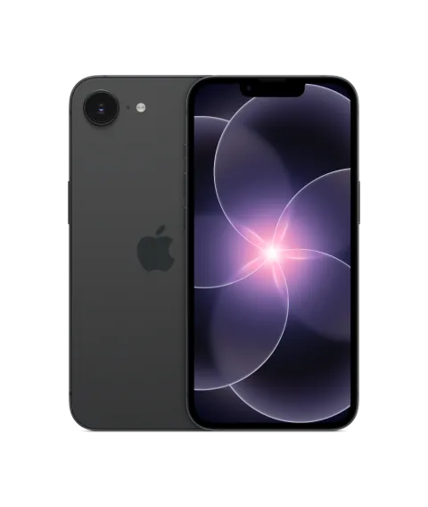 Apple iPhone 17e in Black, front and back finish view
