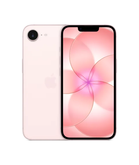 Apple iPhone 17e in Soft Pink, front and back finish view