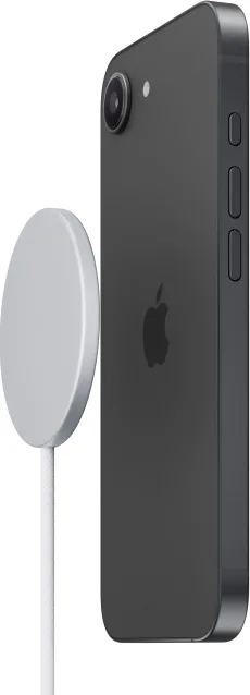 Apple iPhone 17e in Black, side view next to a MagSafe charger