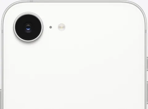 Apple iPhone 17e in White, rear camera lens macro close-up