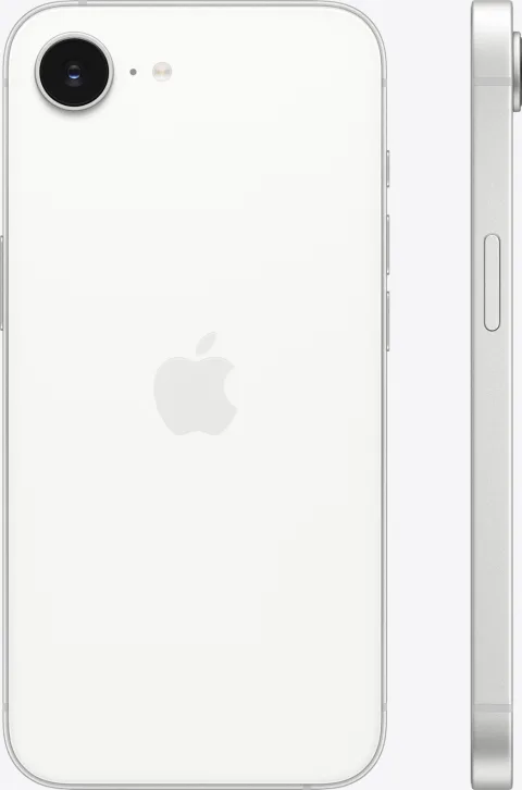 Apple iPhone 17e in White, back view alongside its thin side profile