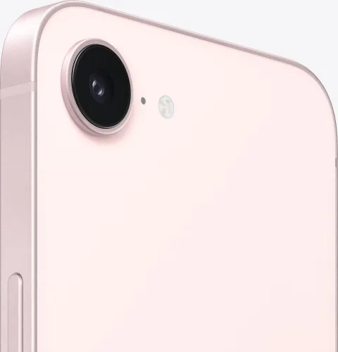 Apple iPhone 17e in Soft Pink, angled close-up of the camera corner