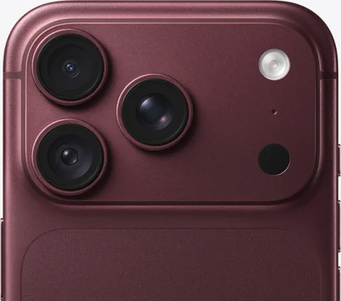 Apple iPhone 18 Pro in Burgundy, camera plateau close-up with the variable-aperture main lens