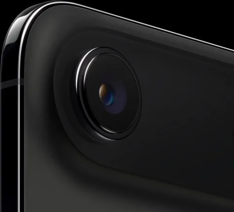 Apple iPhone Air in Space Black, macro shot of the rear camera lens