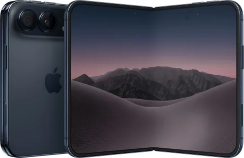Apple iPhone Duo in Night Sky, unfolded inner display and rear cameras, angled