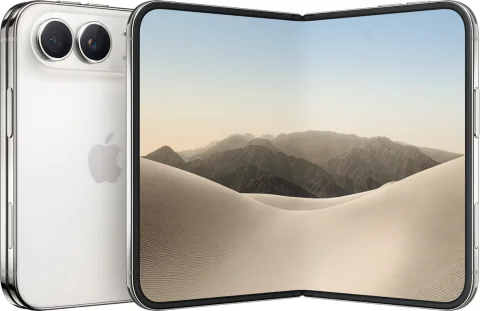 Apple iPhone Duo in Star White, unfolded inner display and rear cameras, angled