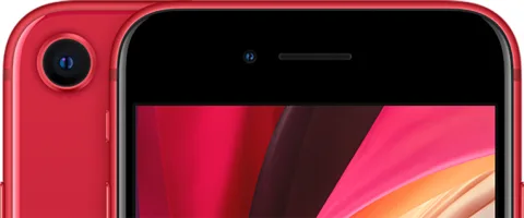 iPhone SE (2020) in (PRODUCT)RED, angled view
