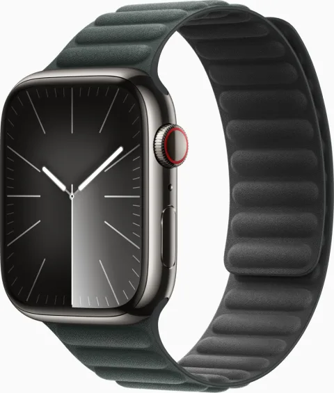 Apple Watch Series 9 - Graphite stainless steel case, Evergreen FineWoven Magnetic Link