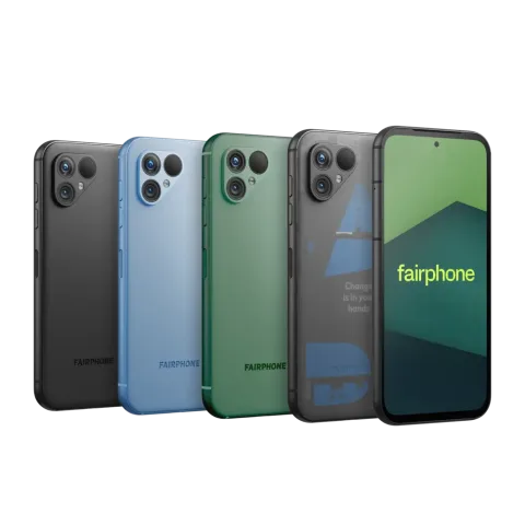 Fairphone 5 colour lineup in Matte Black, Sky Blue, Misty Green and Smoky Black, front and back view