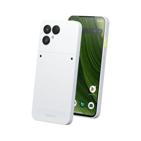 Fairphone 6 in Cloud White, front and back view