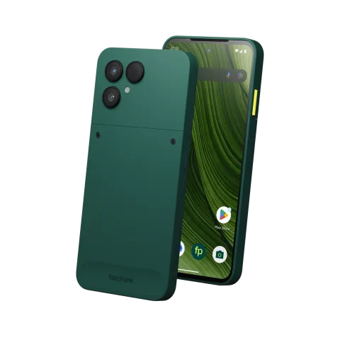 Fairphone 6 in Forest Green, front and back view