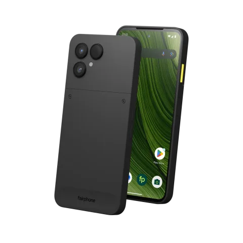 Fairphone 6 in Horizon Black, front and back view